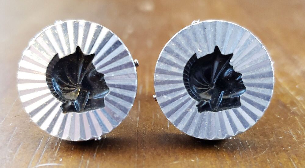 Vtg Swank Round Profile in Black of Spartan/Roman Solider Silver Tone Cuff Links